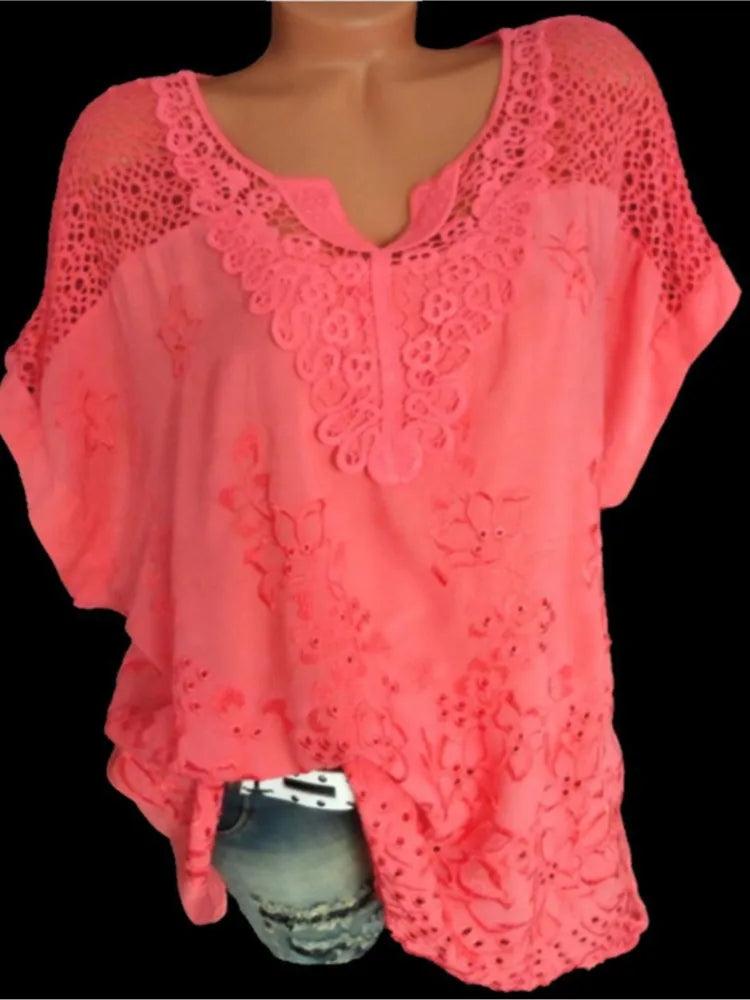 White Lace Patchwork Short Sleeve Blouse
