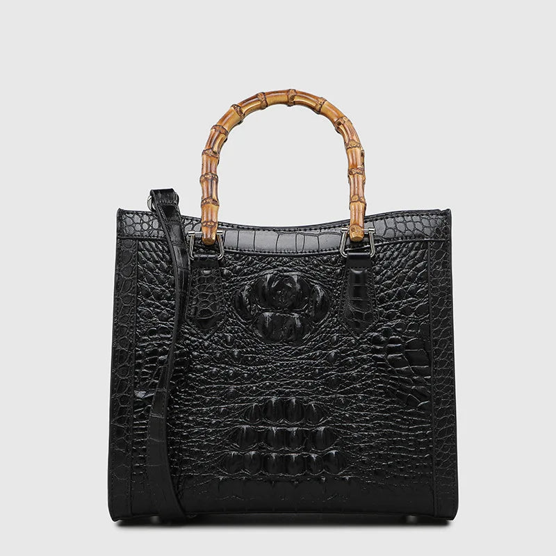 Crocodile Pattern Leather Shoulder Bag with Bamboo Handle