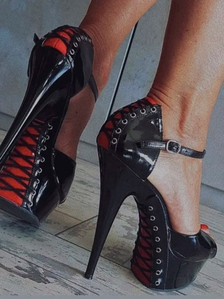 Women's Gothic Stripper Platform Sandals 15cm Peep Toe Exotic Heels